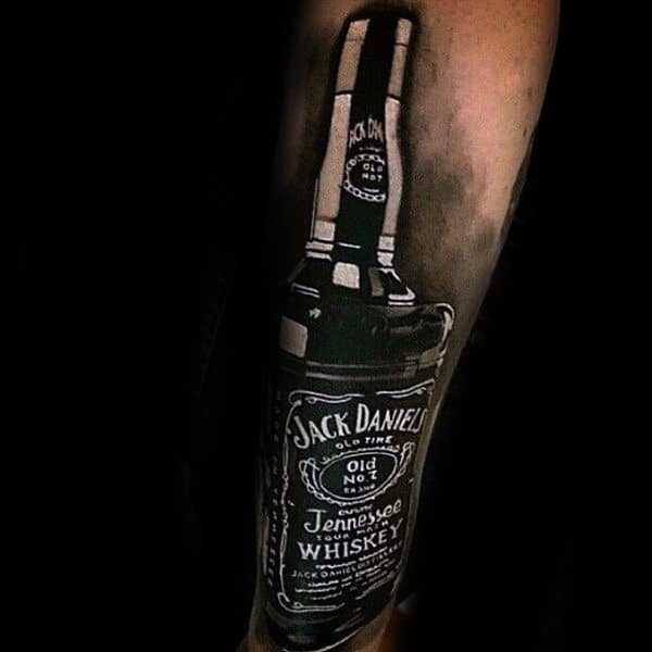 Realistic Dark Black And White Ink Jack Daniels Bottle Tattoos For Men