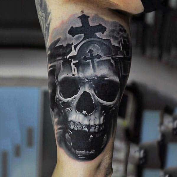 Realistic Detailed Skull Tombstone Tattoos For Men On Bicep