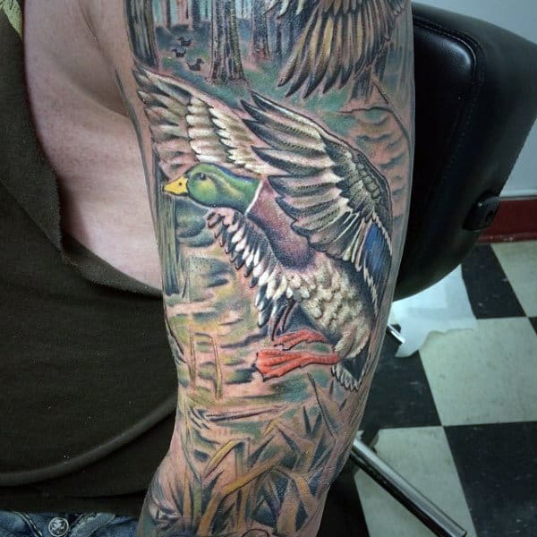Realistic Detailed Sleeve Of Ducks With Lake And Forest On Man