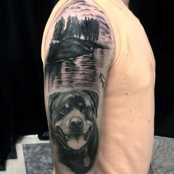 Realistic Dog By The Lake Mens Half Sleeve Tattoo Design Ideas
