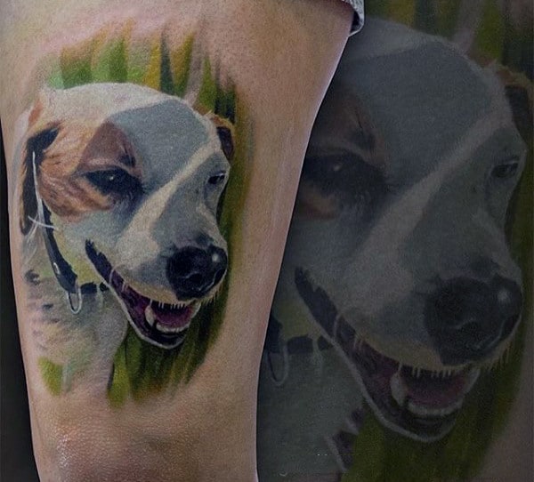 Realistic Dog In Grass Mens Tattoos