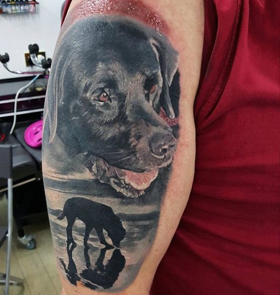 Realistic Dog Playing In Water Upper Arm Tattoos For Guys