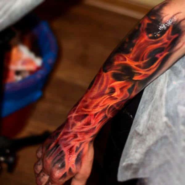 Realistic Fire Flames Men Sleeve Tattoo Ideas