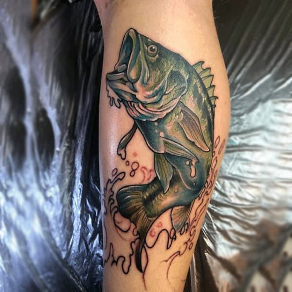 Realistic Fish Tattoo Of Bass On Mans Calf