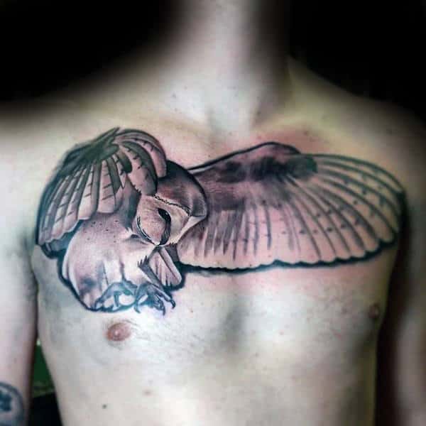 Realistic Flying Barn Owl Upper Chest Tattoos For Guys