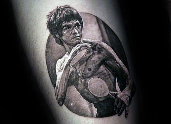 Realistic Forearm Mens Bruce Lee Tattoo Design Inspiration