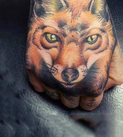 Realistic Fox Head Tattoo Guys Hands