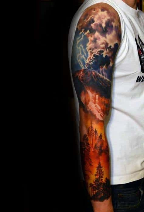 Realistic Full Arm Sleeve 3d Male Volcano Tattoo Designs