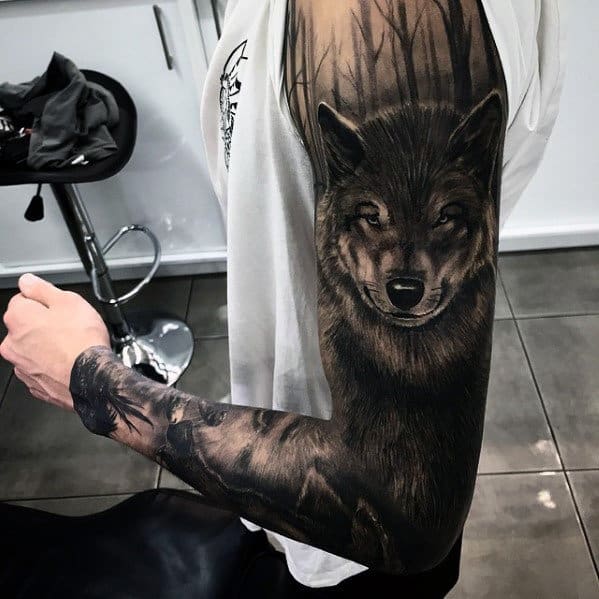 Realistic Full Arm Sleeve Mens Wolf Tattoos