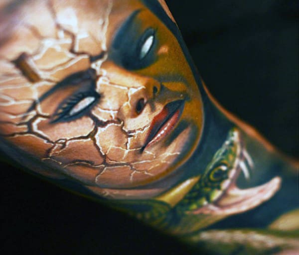 Realistic Full Color Mens Upper Arm Medusa And Snake Tattoo Design