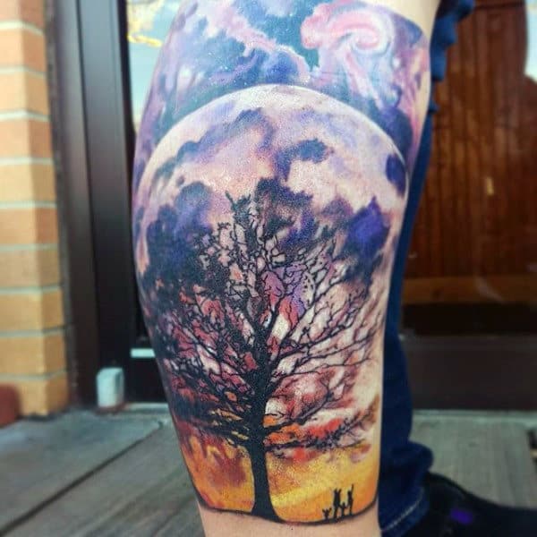 Realistic Galaxy And Family Of Four Under Tree Tattoo Male Ankles