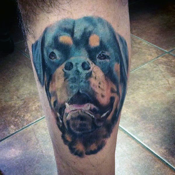 Realistic Gentlemans Dog Leg Calf Tattoo Design Ideas