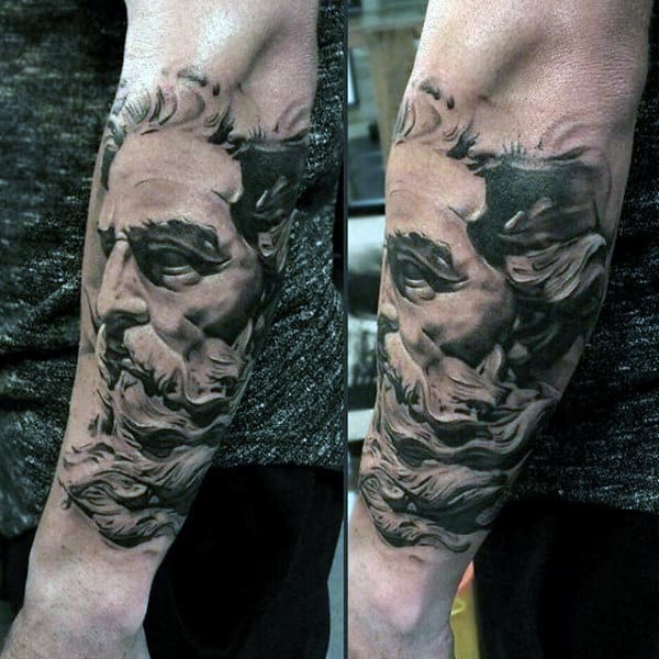 realistic greek god face tattoos on arms for guys