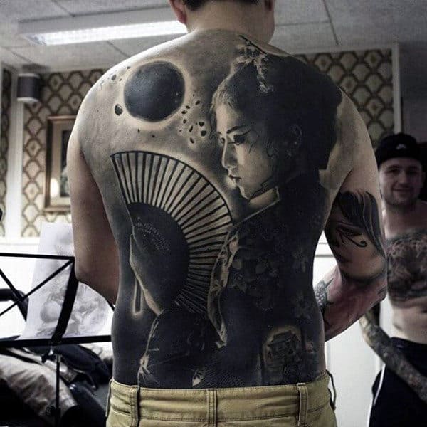 Realistic Grey Japanese Geisha With Fan And Moon Tattoo Mens Full Back