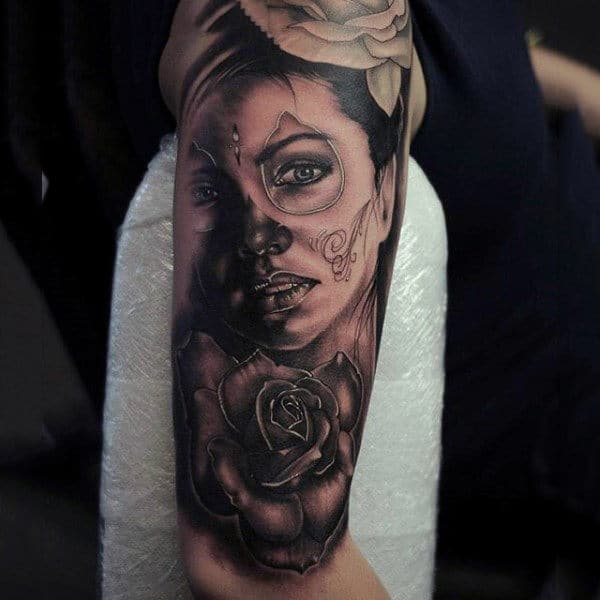 Realistic Grey Day Of The Dead Female Tattoo Guys Forearms