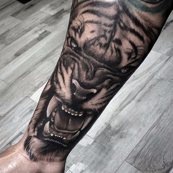 Realistic Growling Tiger Inner Forearm Tattoo For Guys