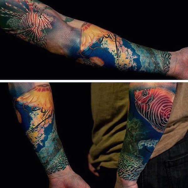 Realistic Guys Coral Reef Sea Life Sleeve Tattoo