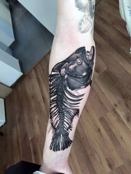 Realistic Guys Fish Skeleton Inner Forearm Tattoo Ideas