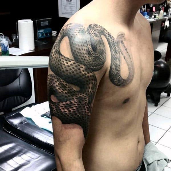 Realistic Guys Half Sleeve Cobra Wrapped Around Arm Tattoo