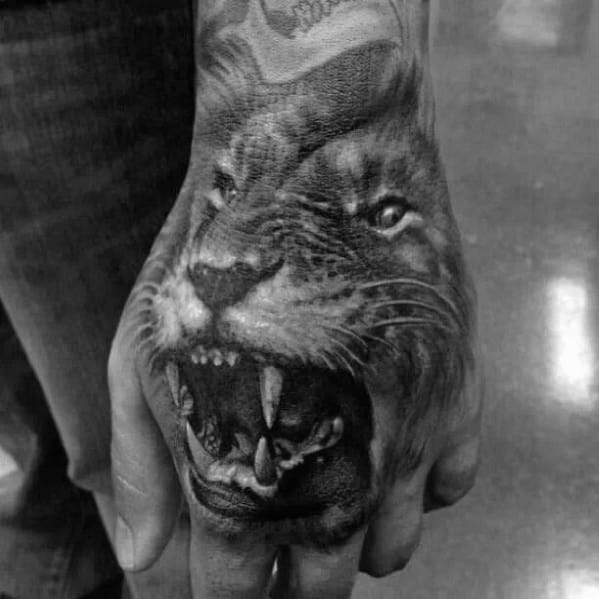 Realistic Guys Hand Tattoo With Cool Shaded Lion Design