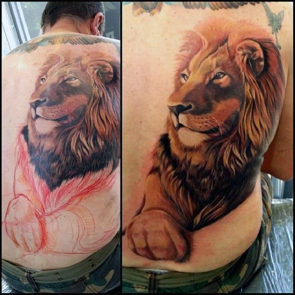 Realistic Guys Lion Back Tattoo Designs