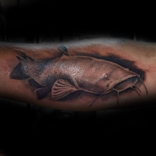Realistic Guys Shaded Catfish Forearm Tattoos