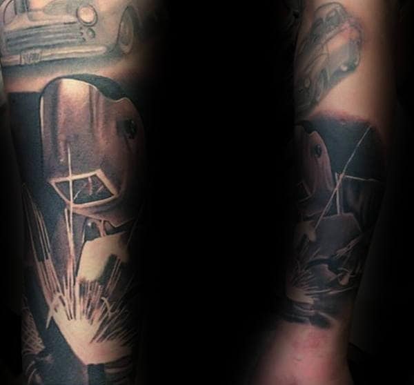 Realistic Guys Welder Welding Forearm Tattoos With Shaded Black And Grey Ink Design