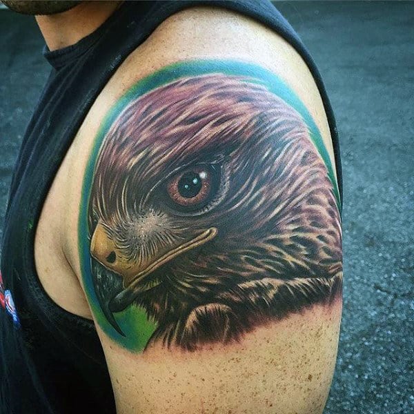Realistic Hawk Head Shoulder Tattoo On Male