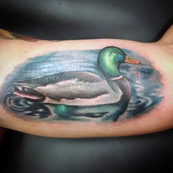 Realistic Illustrative Tattoo Of Duck On Pond For Males