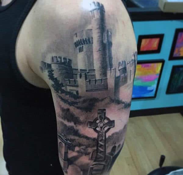 Realistic Irish Castle With Celtic Cross Mens Half Sleeve Tattoo