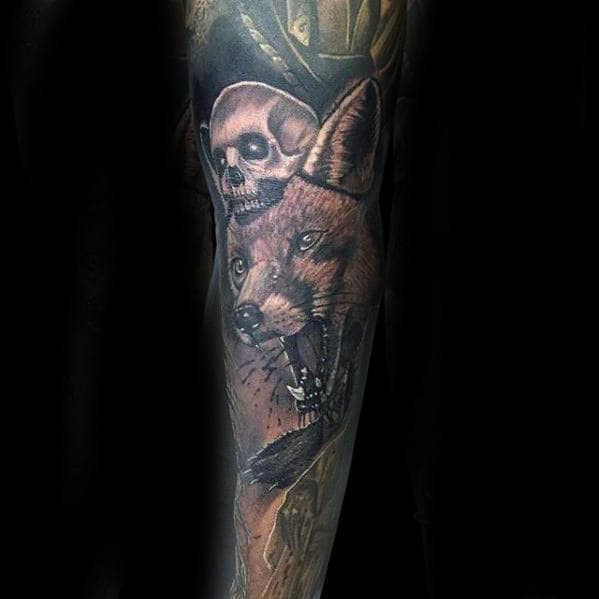 Realistic Kitsune Fox Skull Male Sleeve Tattoo