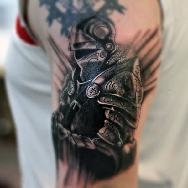Realistic Knight With Shield And Hemet Tattoo On Man On Arm