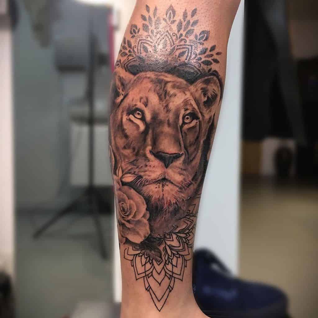 Realistic Leg Lion Tattoo
