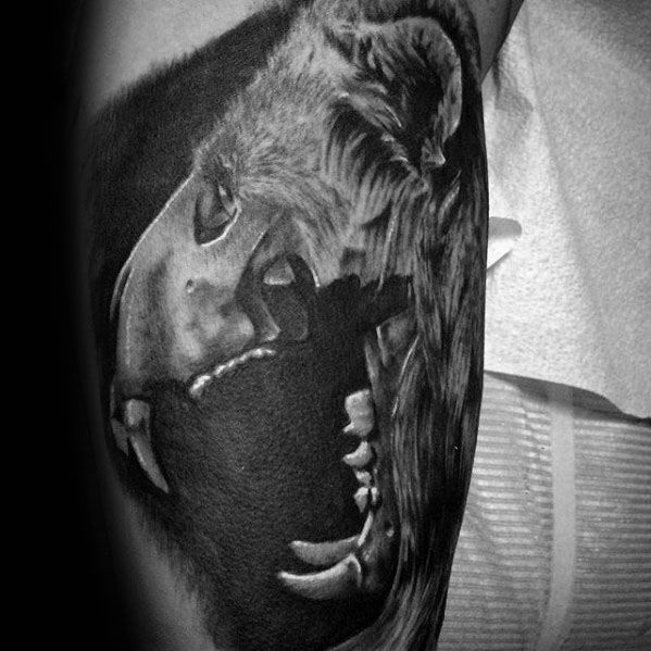Realistic Lion Skull Guys Inner Arm Bicep Tattoo
