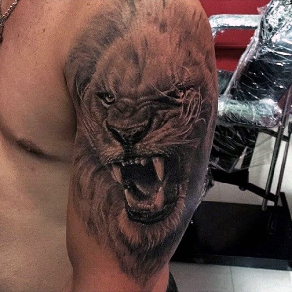 Realistic Lion Tattoo Black And White Male Arms