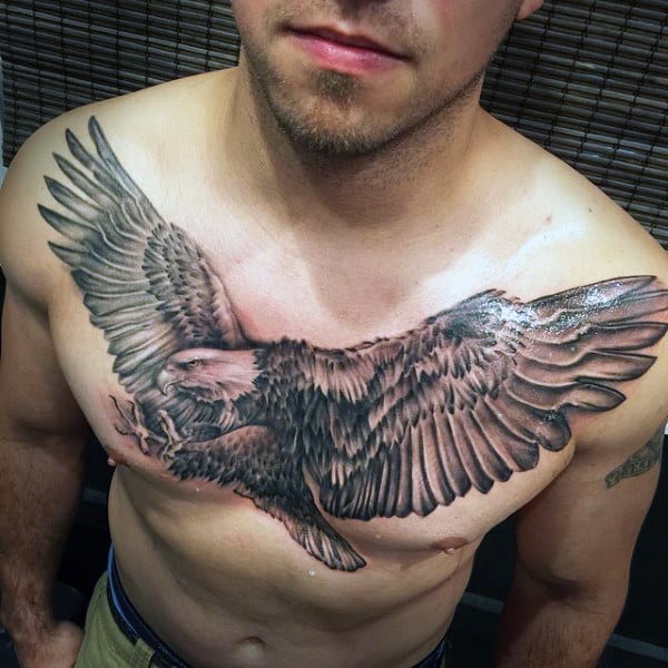 Realistic Male Eagle Chest Tattoo