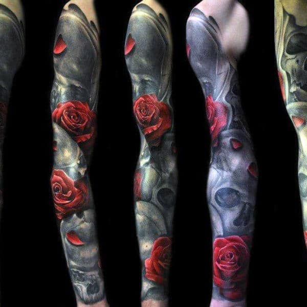 Realistic Male Skull And Rose Tattoo Sleeve