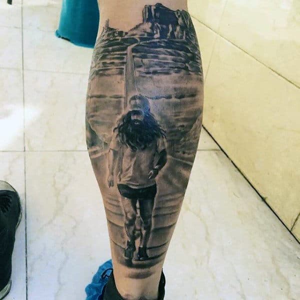 Realistic Man Running In Street Leg Sleeve Tattoo For Guys