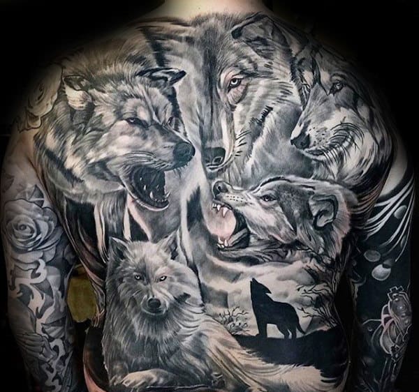 Realistic Mens Shaded Wolves Full Back Tattoo Ideas
