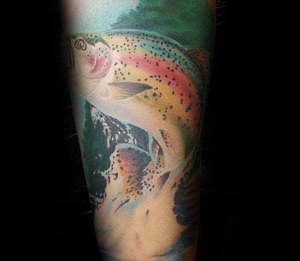 Realistic Mens Splashing Water Trout Fish Sleeve Tattoo