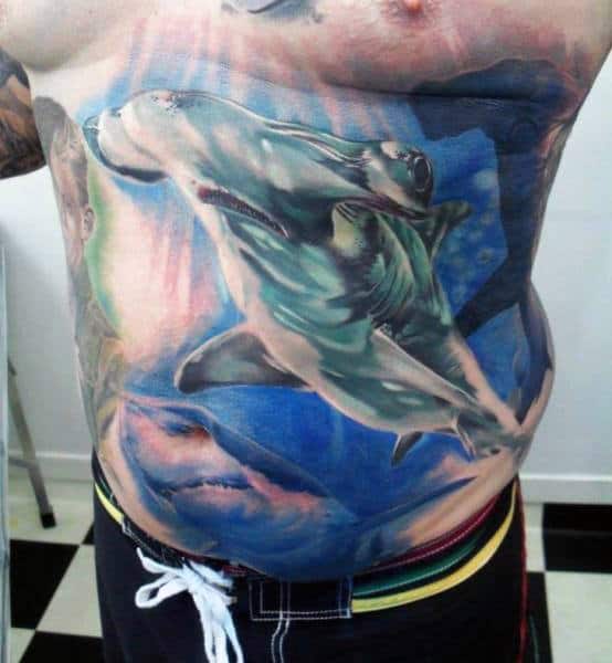 Realistic Mens Stomach Hammerhead Shark Tattoos