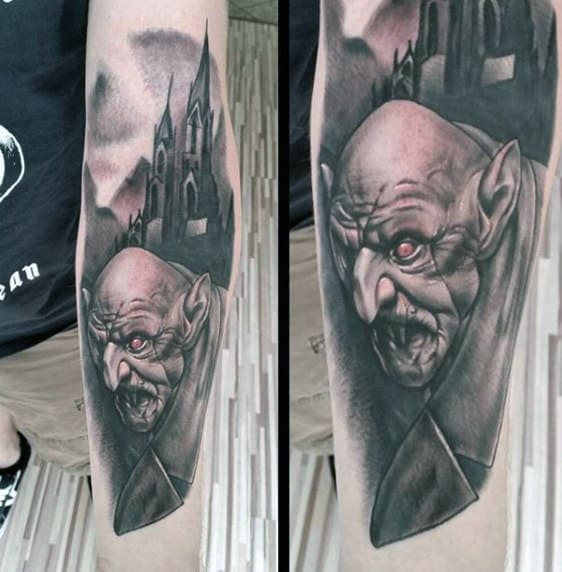 Realistic Mens Vampire And Castle Tattoo On Forearm