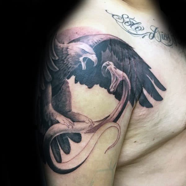 Realistic Mexican Eagle Flying With Snake In Claws Guys Arm Tattoos