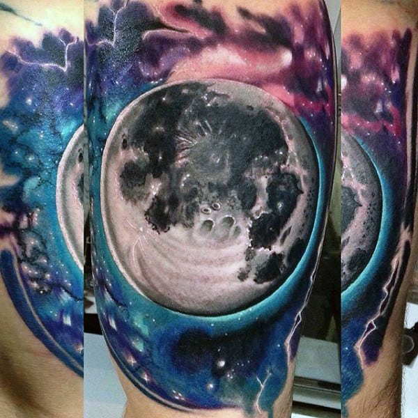 Realistic Modern Mens Moon Tattoo With Outer Space Background