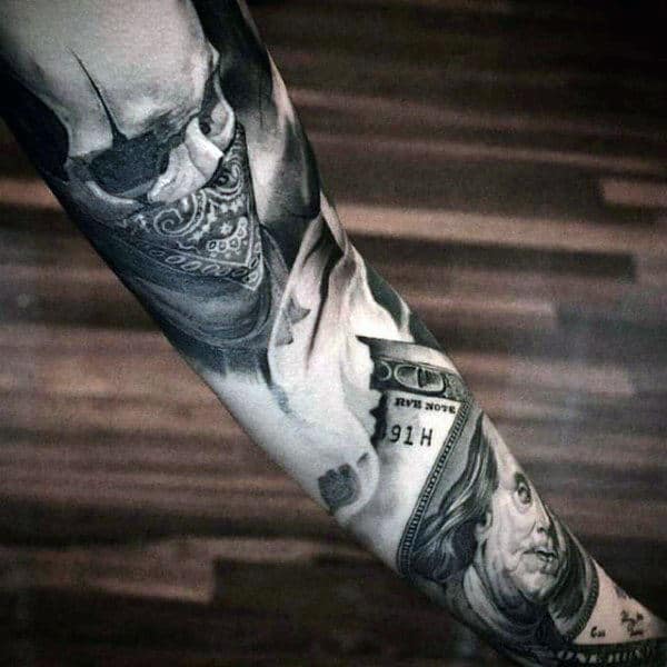 Realistic Money Forearm Sleeve Tattoo Ideas For Males