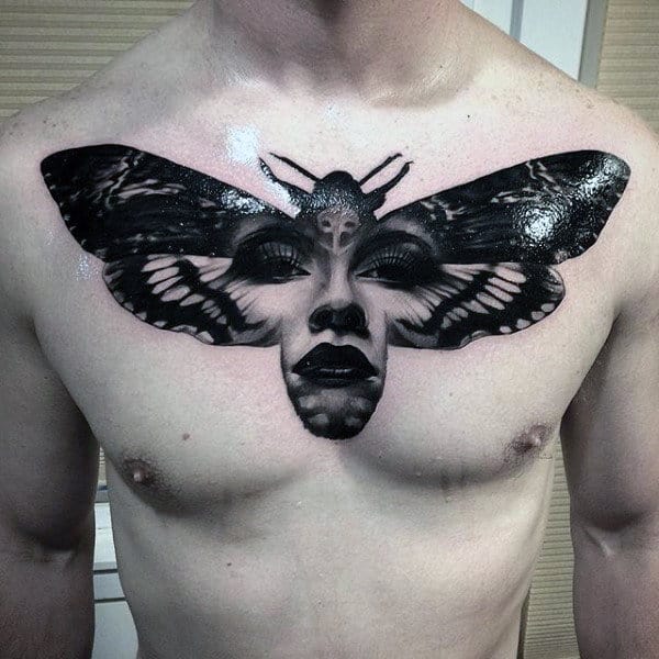 Realistic Moth Female Portrait Tattoo On Chest For Men
