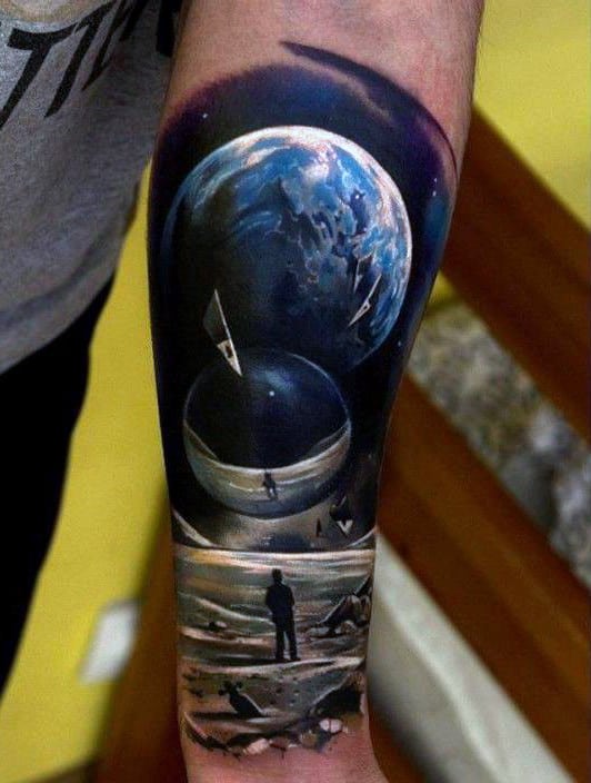 Realistic Outer Space Earth Forearm Sleeve Tattoo For Men
