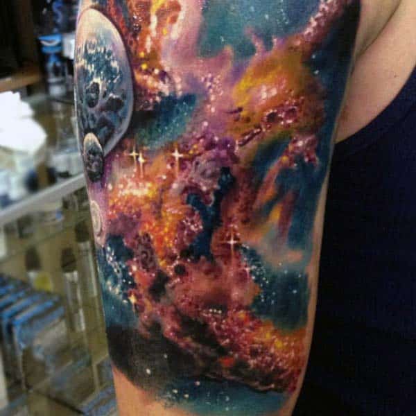 Realistic Outer Space Mens Sky Stars Sleeve Tattoo