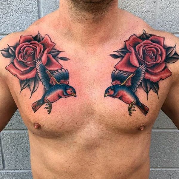 Realistic Pair Of Rose And Sparrows Tattoo Mens Chest