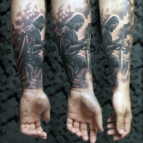 Realistic Pencil Art Warrior Tattoo Mens Forearms